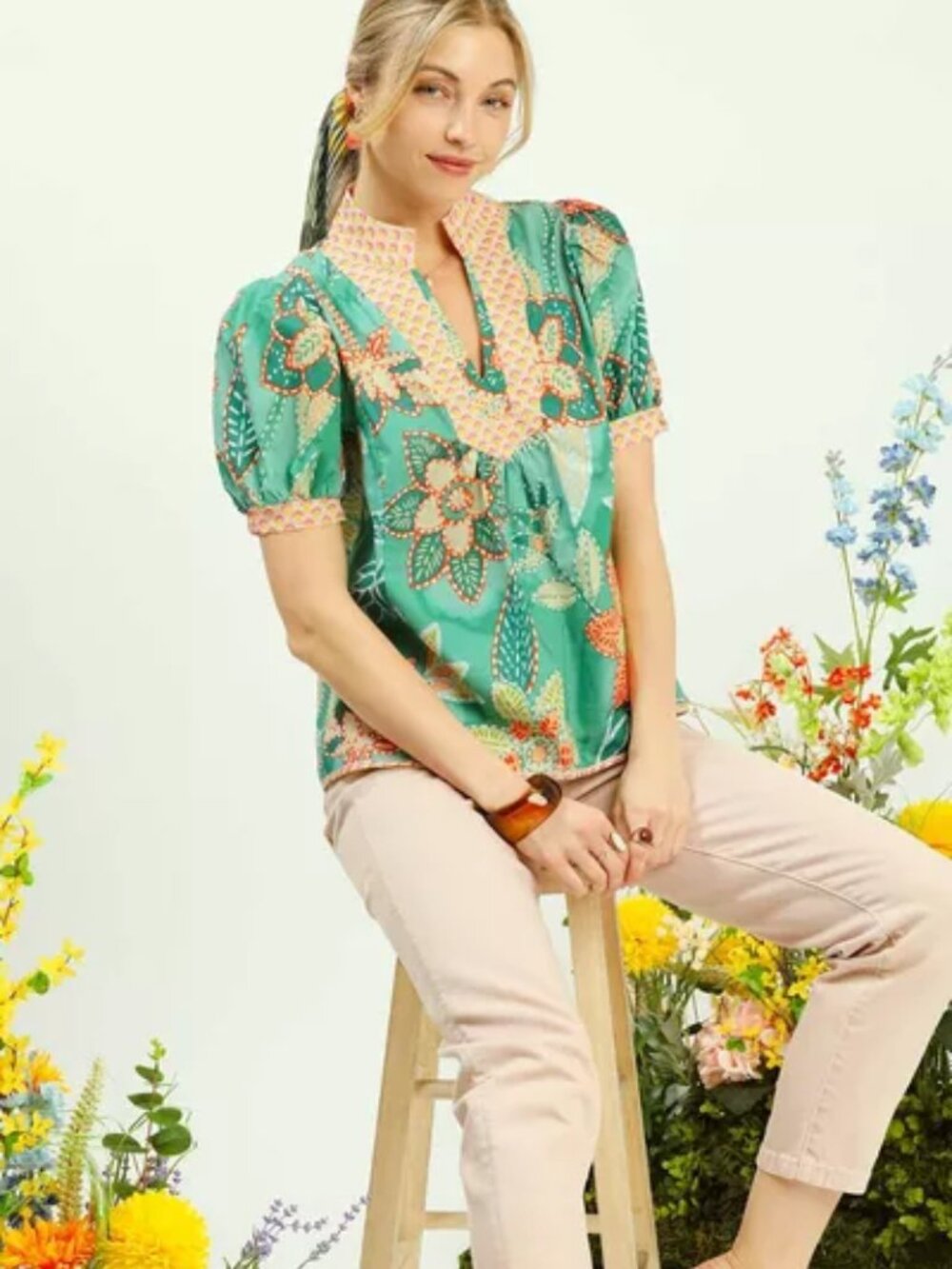 Umgee Mixed Abstract Print Puff Sleeve Blouse